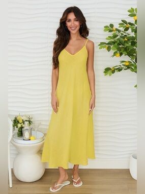 (23.2237-YELL) ITALIAN LINEN MAXI V-NECK DRESS